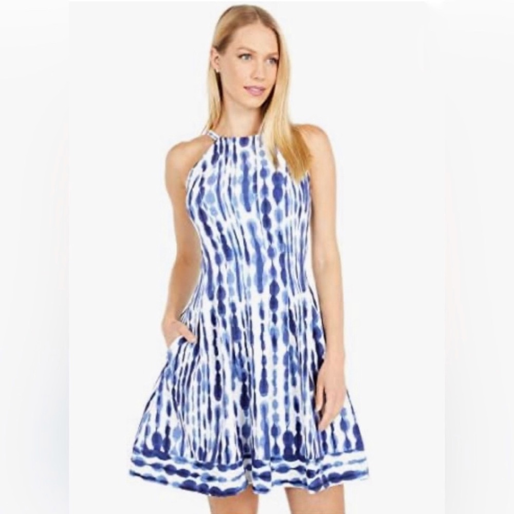Vince Camuto Fit & Flare Halter  Blue and White Tie Dye Dress